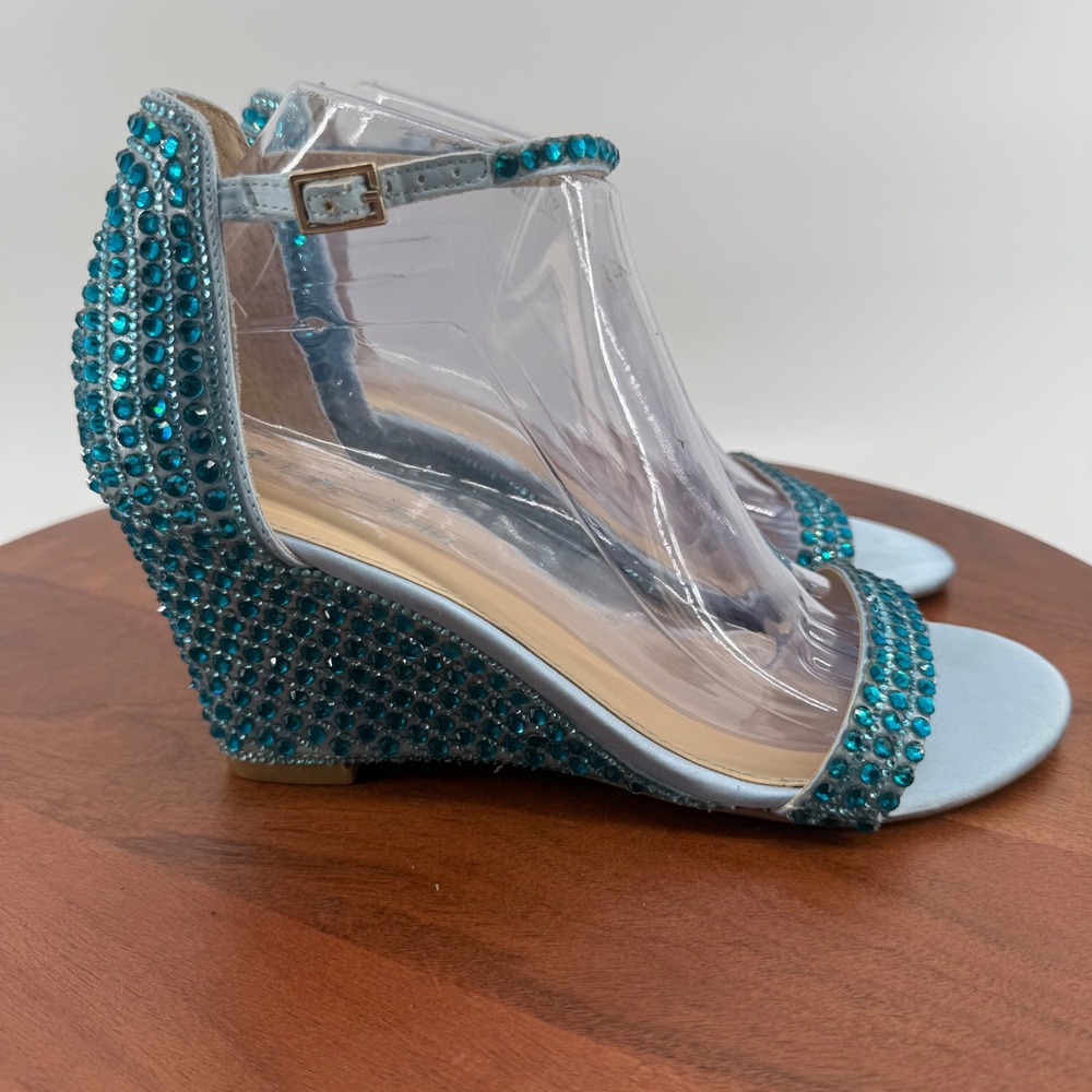 Betsey Johnson SB-DEBIE Wedge Sandals Womens Blue Rhinestone Crystal 9.5M